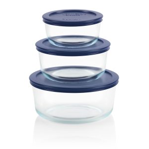 Pyrex? Simply Store? 6-piece Round Glass Food Storage Container Set with Blue Lids